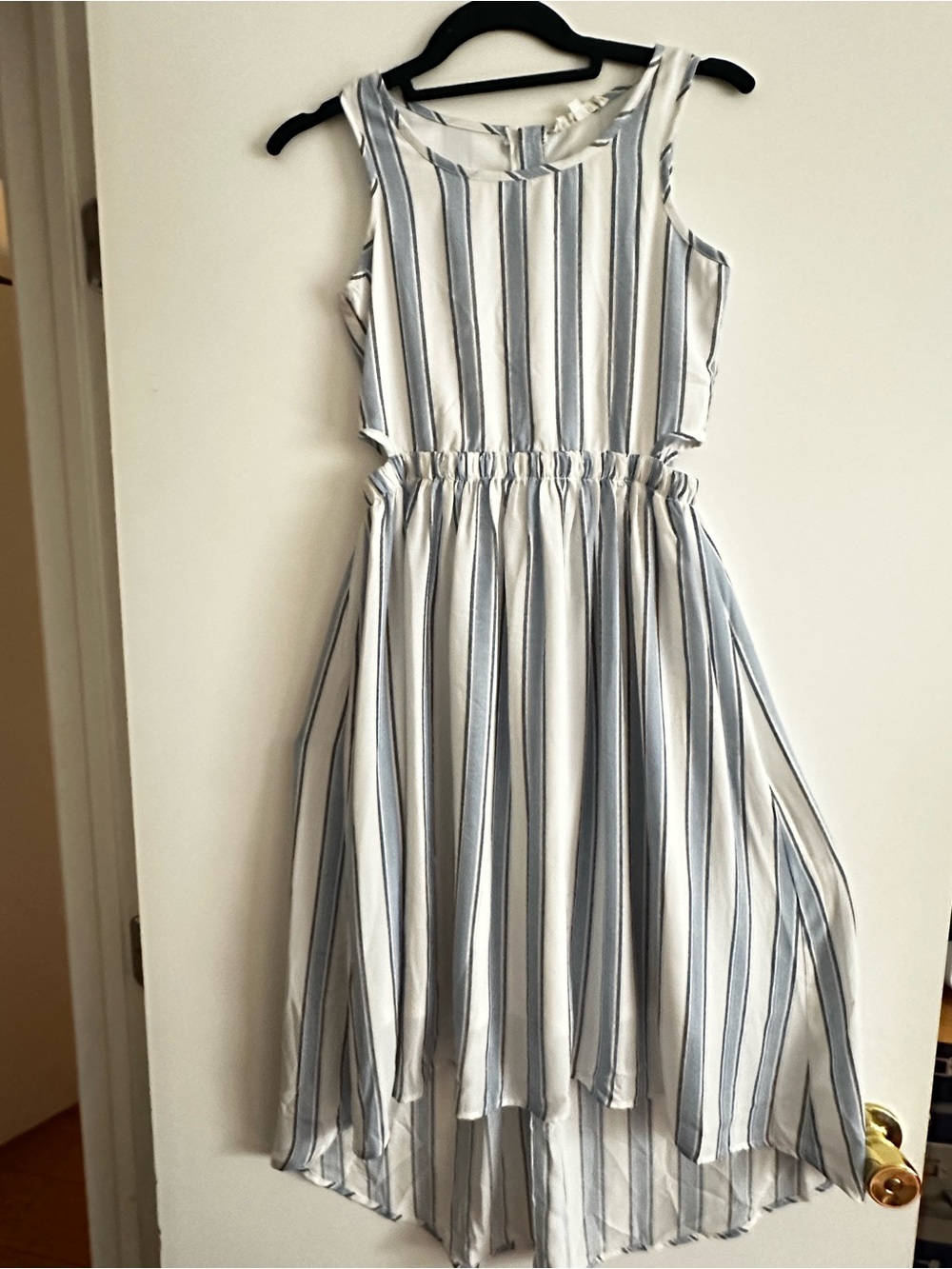 Hannah Banana White and Light Blue Striped Sleeveless High-Low Dress